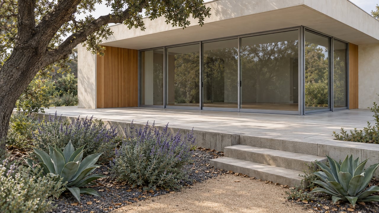 Ivory-stucco house corner with glass doors, concrete terrace steps, and an oak-shaded garden path.