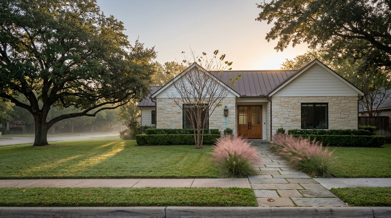Stone-and-white-siding home with a wood double door, broad lawn, live oak, and pink muhly grass in low sunlight.