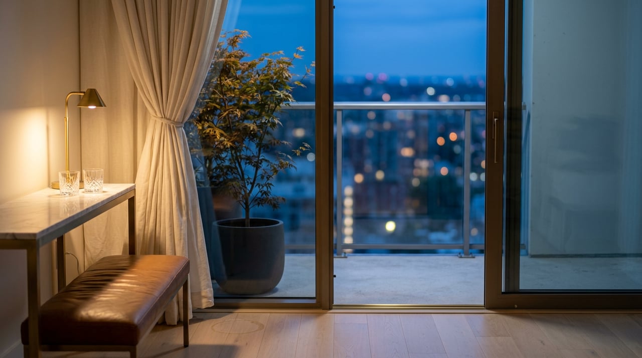 High-rise apartment threshold with a brass lamp, leather bench, and potted Japanese maple beside a glass balcony door.