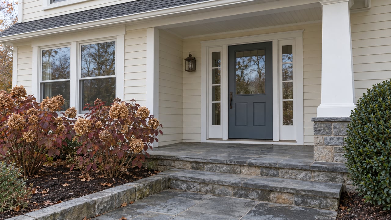 Cream-sided home with a sheltered slate-blue entry, broad stone steps and burgundy oakleaf hydrangeas.