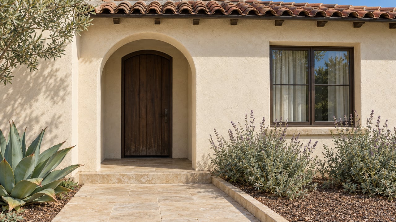 Cream stucco home with a recessed arched oak doorway, clay-tile eave, limestone walk and sculptural drought-tolerant planting.