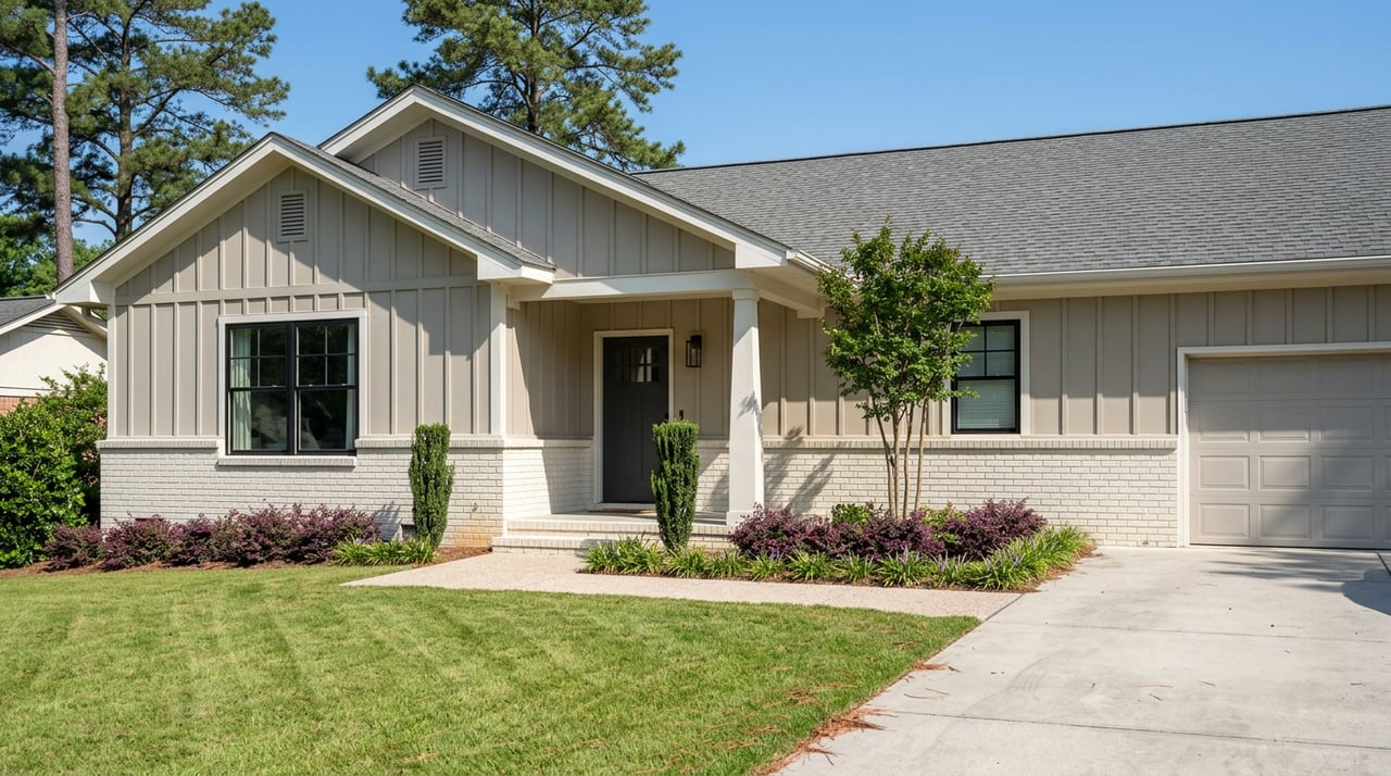 New home with off-white brick and greige siding, a covered entry, and a front lawn framed by pine trees.