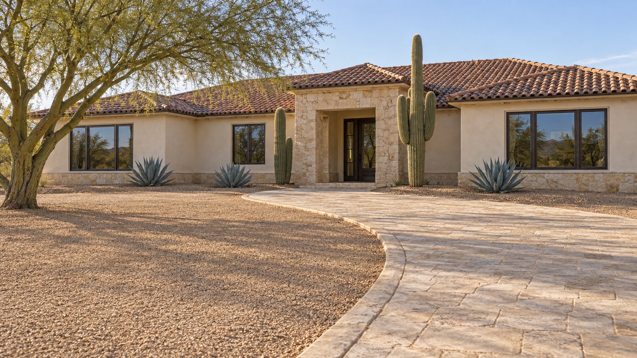 Low ivory stucco house with terracotta roof, limestone drive, a desert tree, cacti, and agaves.