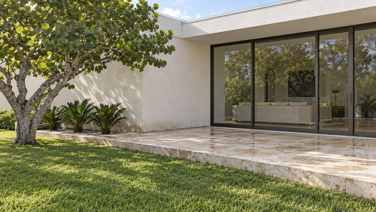 White stucco home with bronze-framed glass doors, a raised limestone terrace and a sculptural sea grape tree beside a green lawn.