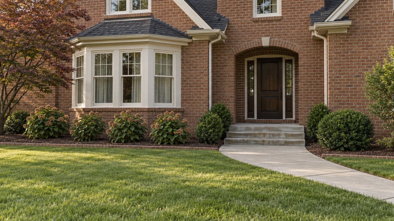 Brick house entry and white-framed bay windows beyond a curving concrete walk, green lawn and oakleaf hydrangeas.