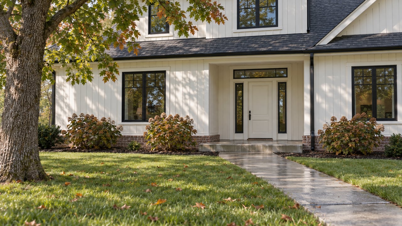 Light-sided two-story house with black-framed windows, a broad lawn, white oak and oakleaf hydrangeas in early autumn.