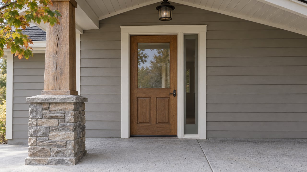 Covered home entry with gray lap siding, a wood and glass door, timber porch post, stone pedestal, and early autumn maple leaves.