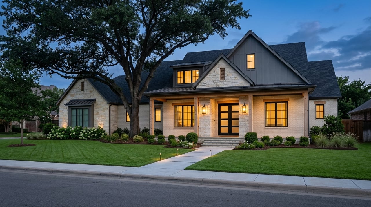 Pale limestone home with an arched porch, black front door, warm lanterns, and a diagonal walkway through the lawn.