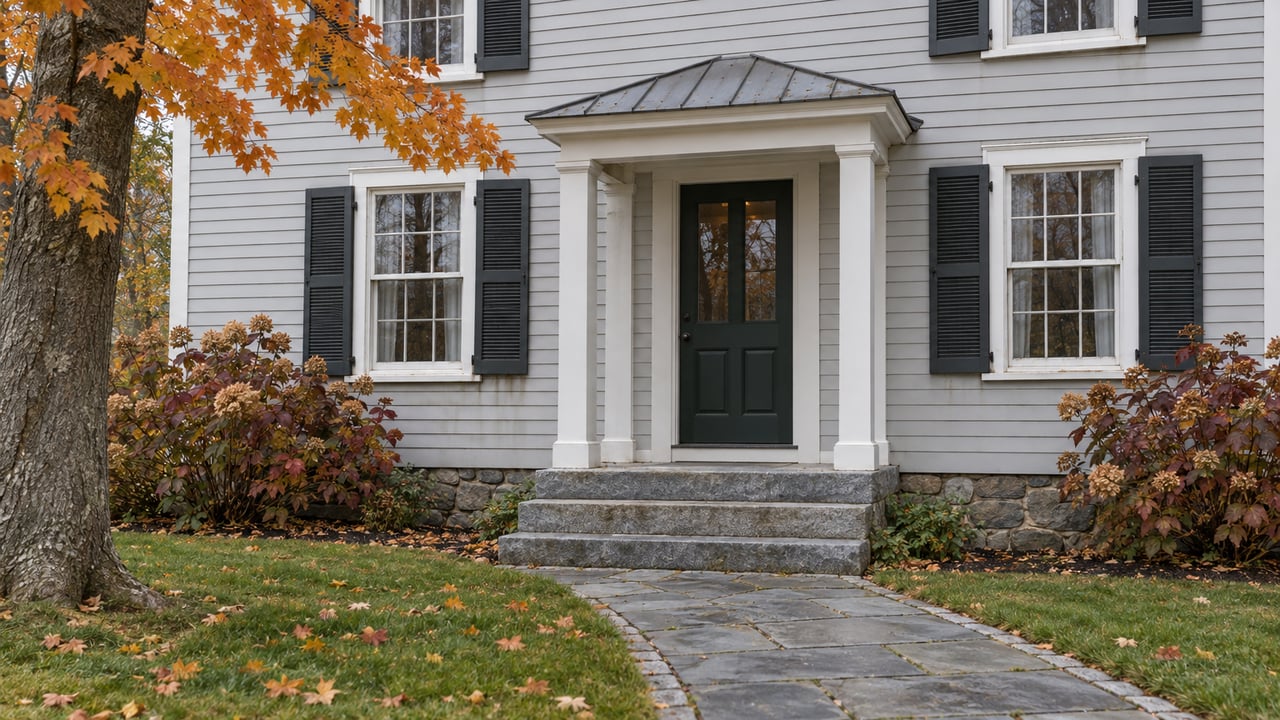Pale-gray clapboard home with a green front door, white portico, granite steps and autumn planting beside a bluestone approach.