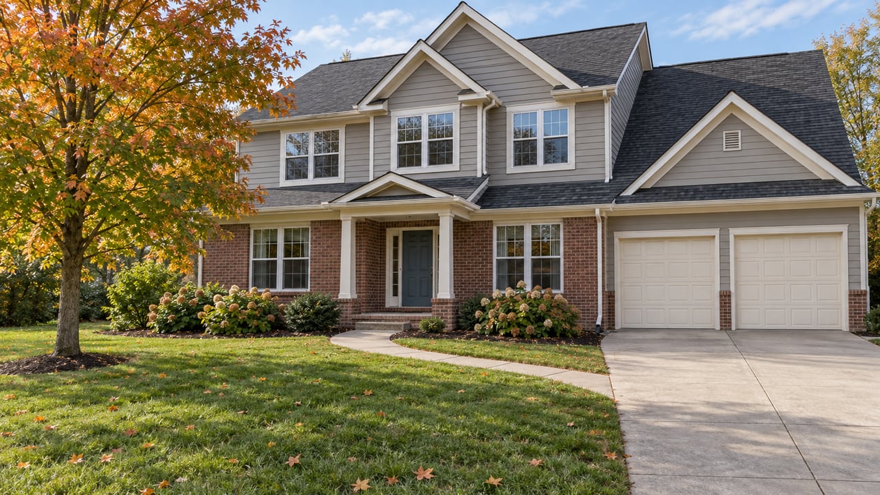 Two-story gabled home with gray siding, brick accents, a deep front lawn and an autumn maple beside the entry walk.