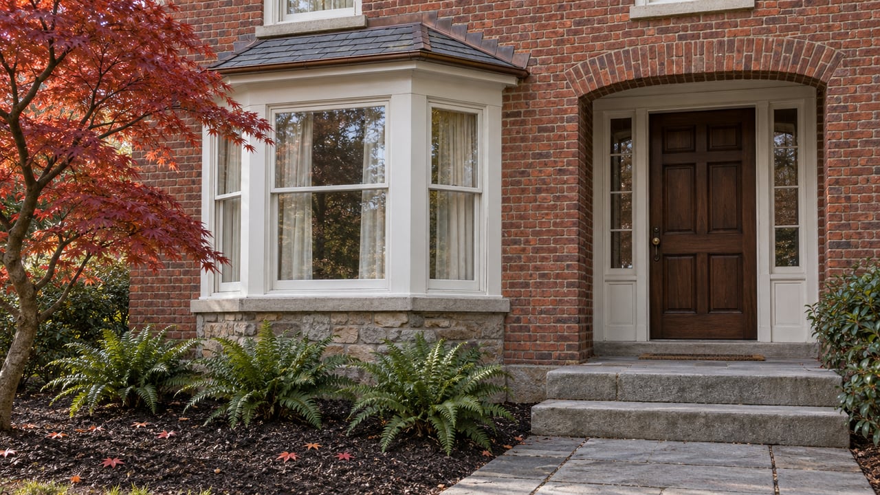 Red-brick home with white sash windows, an oak entrance door, weathered limestone steps, and copper-red maple foliage.