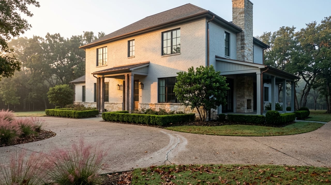 Two-story limestone and painted-brick home beyond a curved motor court, framed by oak trees and pink muhly grass.