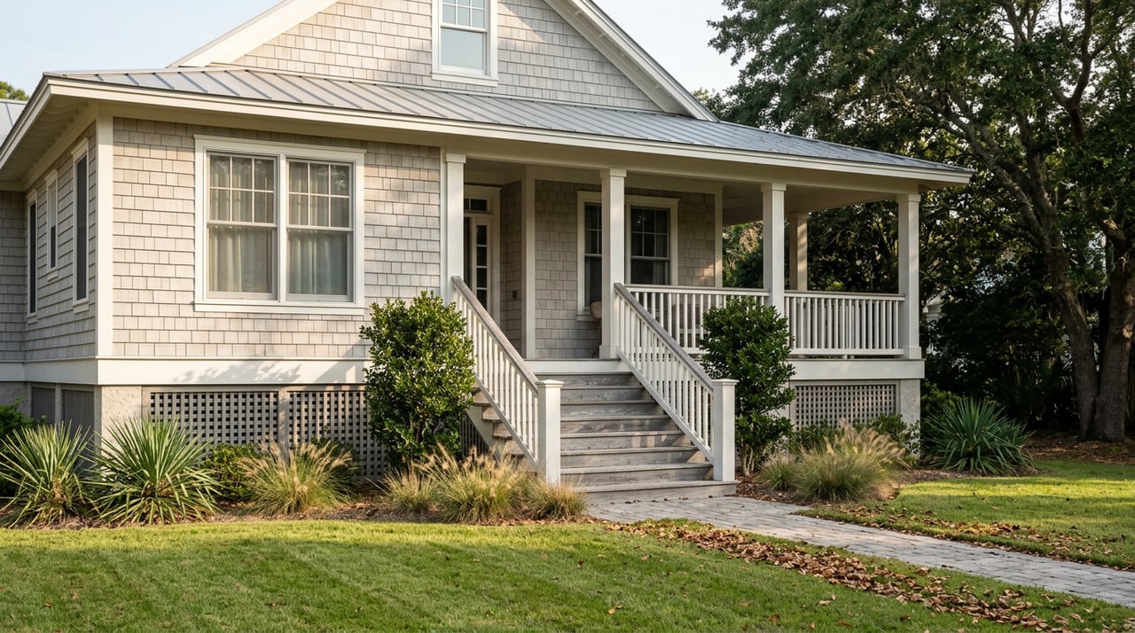 Elevated gray-shingle cottage with a white-railed porch, entry stairs, and oak canopy beside the lawn.