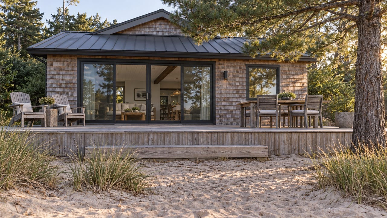 Cedar-shingled cottage with glass doors, raised deck, sandy approach, and a pine tree.