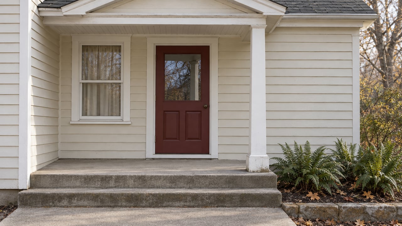 Cream clapboard home entrance with an oxblood door, white porch trim, weathered concrete steps and evergreen ferns in an autumn planting bed.