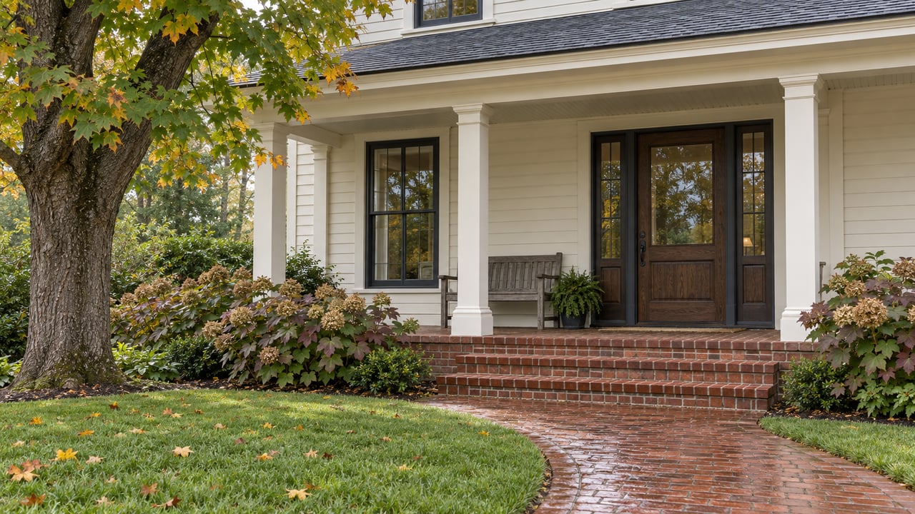 An ivory clapboard home with an oak entrance, covered brick porch and damp brick garden path beside autumn-tinged planting.