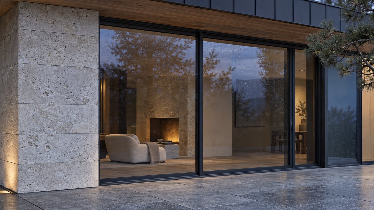 Enclosed terrace with limestone pier, glazed sliding door, gray granite paving, and a warm-lit interior.
