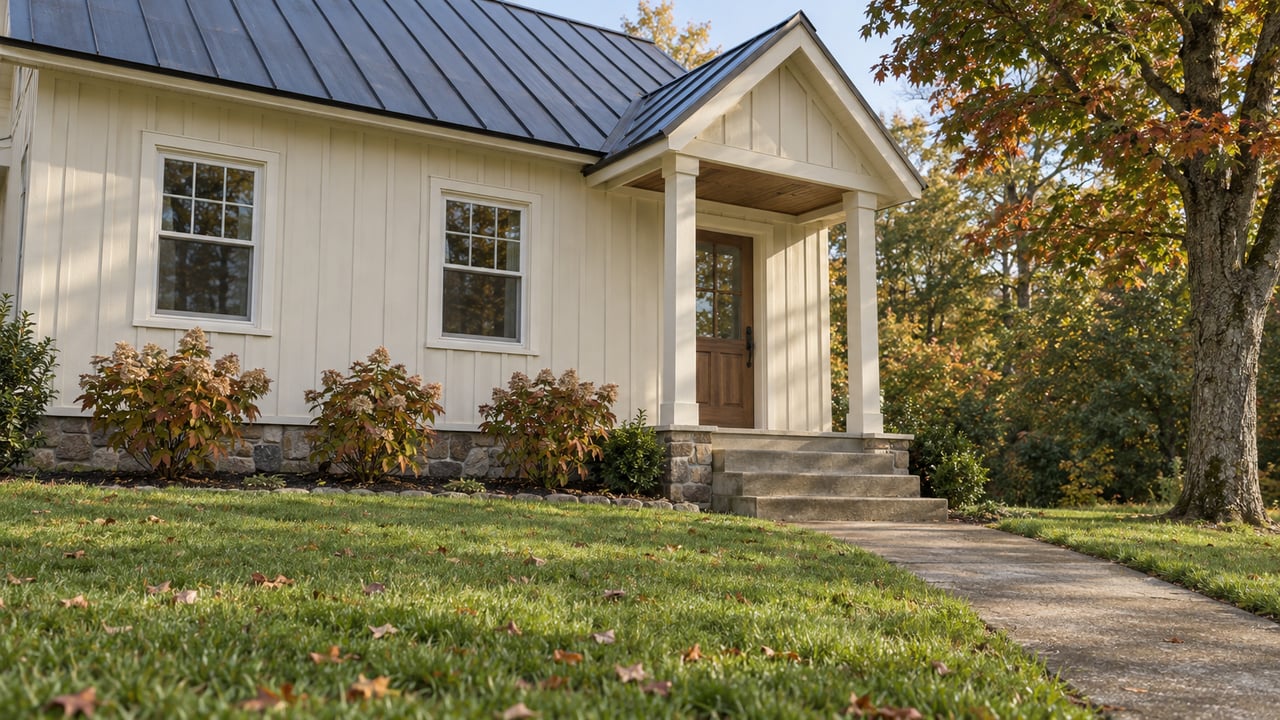 Autumn sunlight on a modest ivory cottage with a stone foundation, concrete entry walk and red maple beside the lawn.