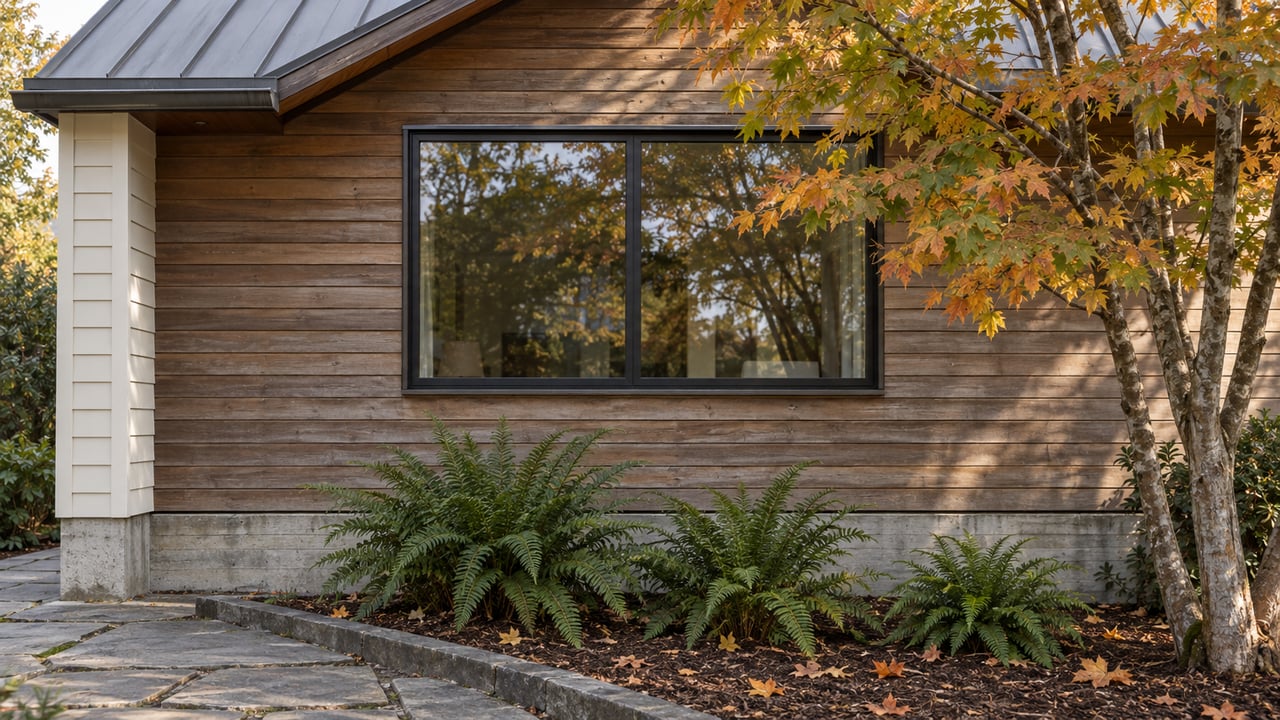Cedar-clad gabled home with a black-framed window, basalt approach and an autumn vine maple above sword ferns.