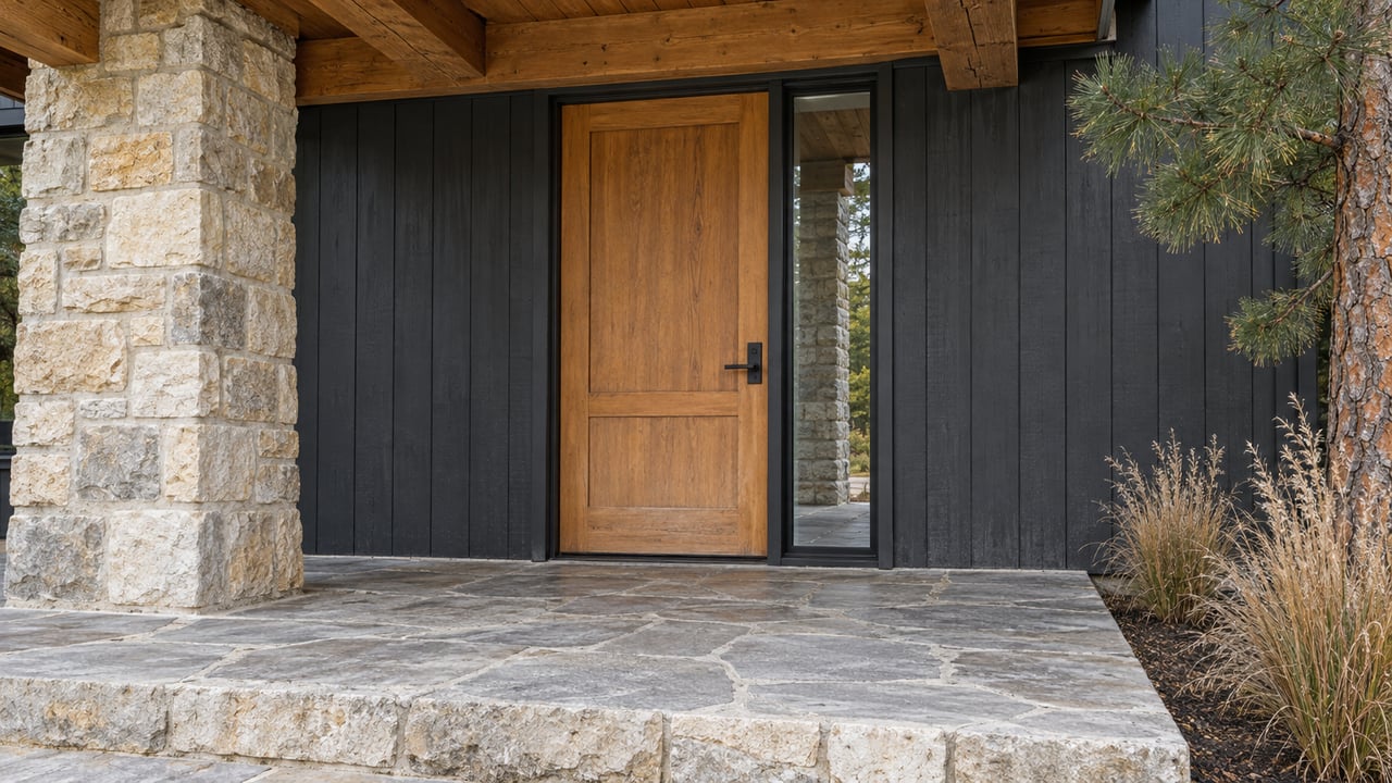 Covered home entry with a warm timber door, charcoal siding, limestone pier and raised flagstone terrace beside autumn little bluestem and a ponderosa pine.