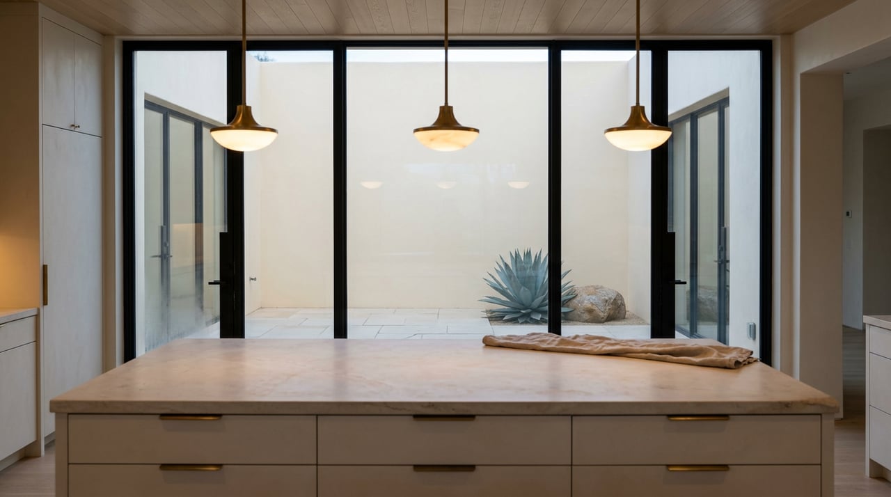 Limestone kitchen island beneath brass pendants, with black-framed glass doors and an agave in the courtyard.
