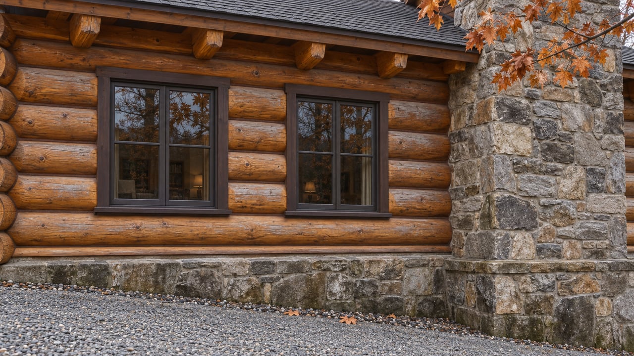 Weathered amber log facade with paired dark-framed windows, a rubble-stone chimney and sparse copper maple leaves.