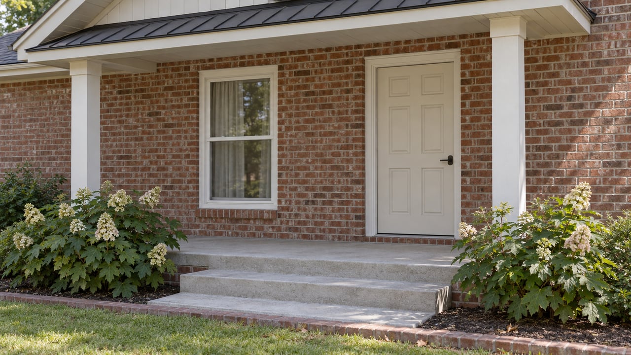 Brick home porch with cream six-panel door, double-hung window, concrete steps, and hydrangeas on either side.