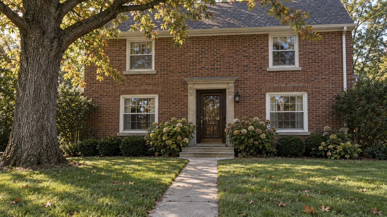 Two-story red-brown brick house behind a deep lawn, shaded by a mature oak with sparse ochre leaves.