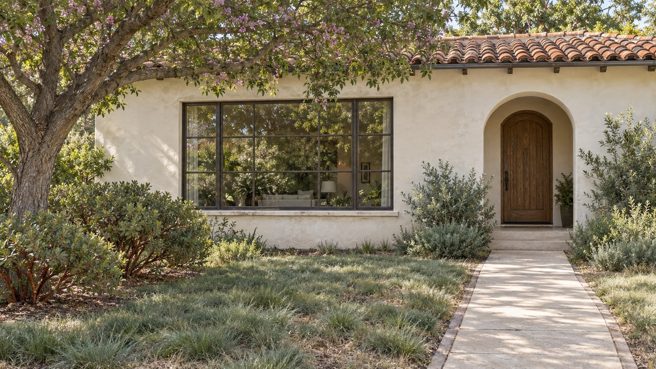 Cream stucco house with a tiled roof, arched entry, multi-pane window, and garden beneath a spreading tree.