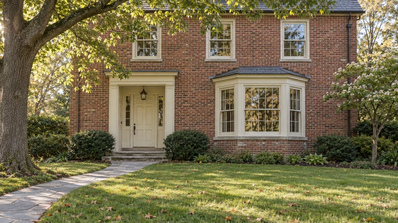 Two-story brick house with a three-panel bay window, curved flagstone path, broad lawn, and spreading oak.