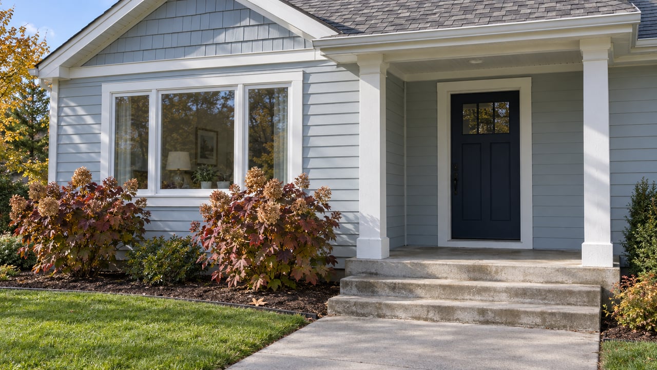 Pale blue-grey cottage siding, a white-trimmed front window and a sheltered navy door above weathered concrete steps, bordered by autumn oakleaf hydrangeas.