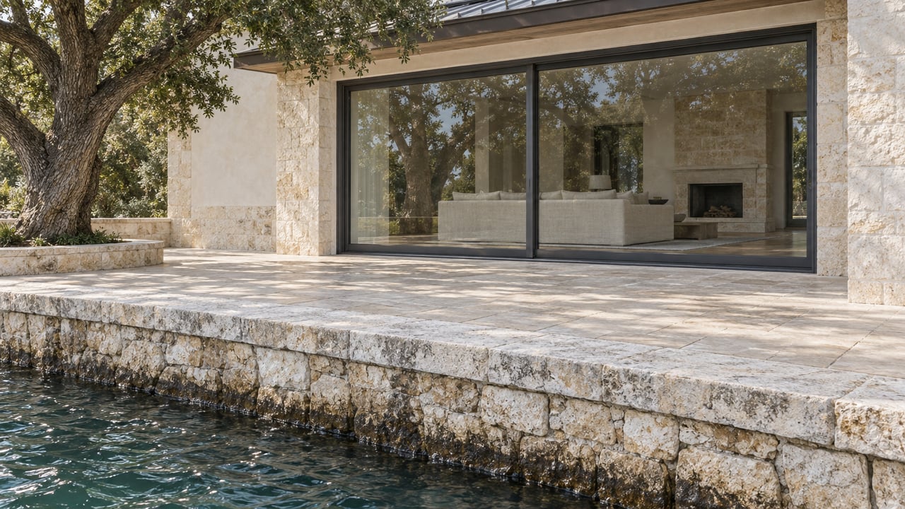 Limestone waterfront terrace and softly weathered retaining wall beside blue-green water, with closed glass doors opening visually onto a warm neutral living room.
