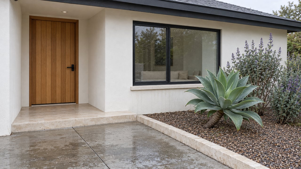 Rain-damp concrete approach beside sculptural planting leads to a sheltered wood entrance in a white single-story home.