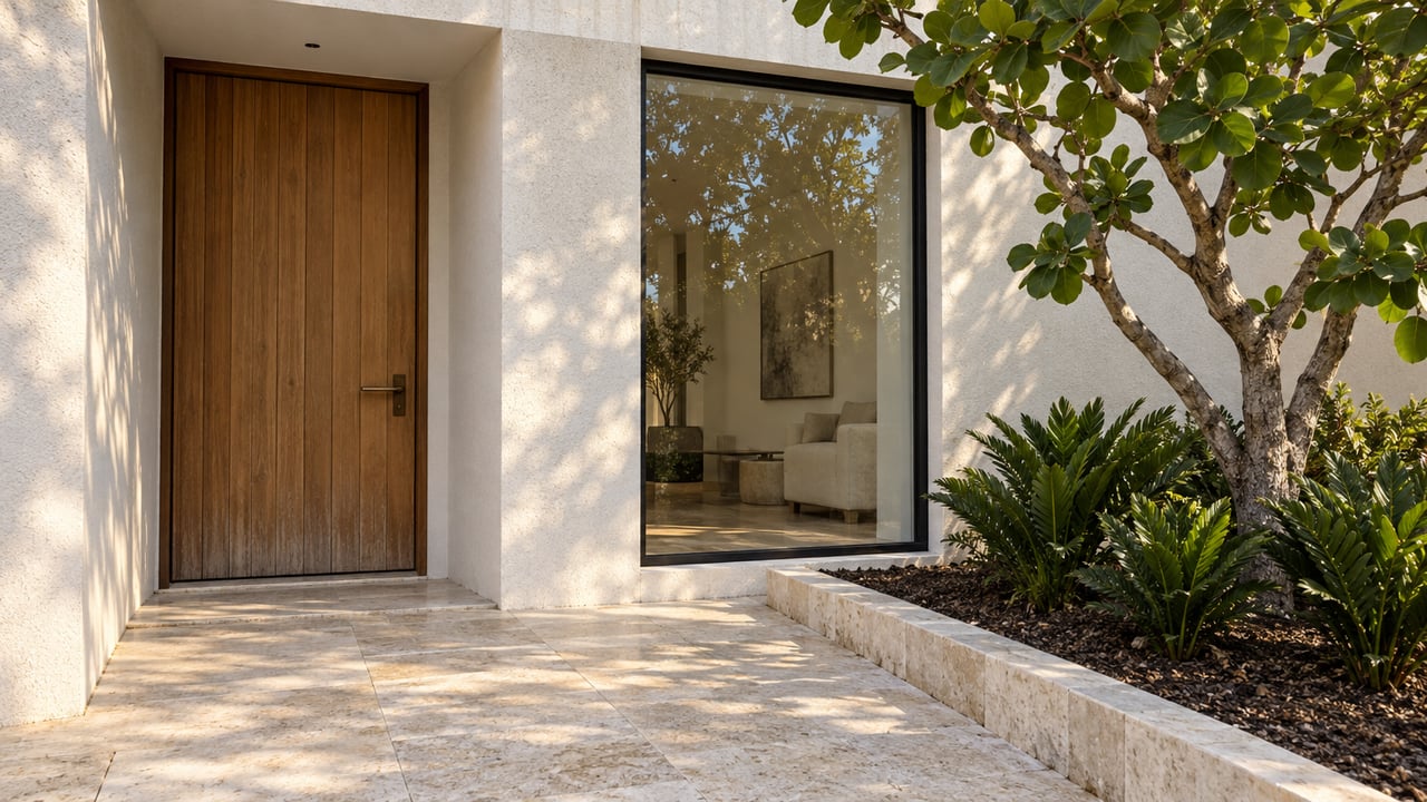 Sunlit recessed teak entrance and tall black-framed window beside a limestone walk and sculptural sea grape planting.