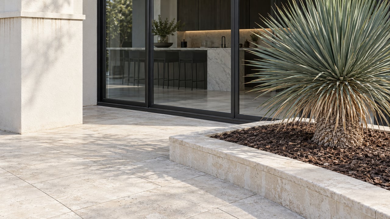 Close view of pale limestone terrace paving, black-framed glass, warm-white stucco, and a sculptural yucca in a raised stone planting bed.
