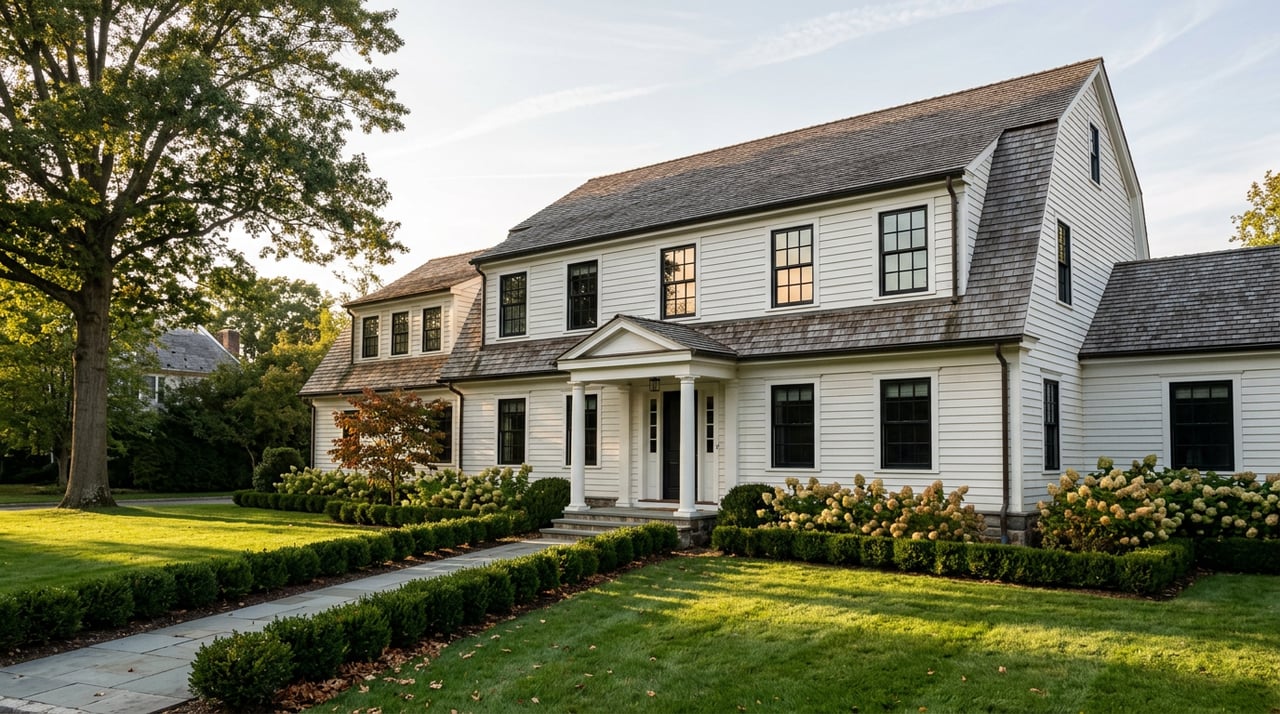 White clapboard estate with gambrel roof, framed by an oak above a lawn and diagonal bluestone walk.