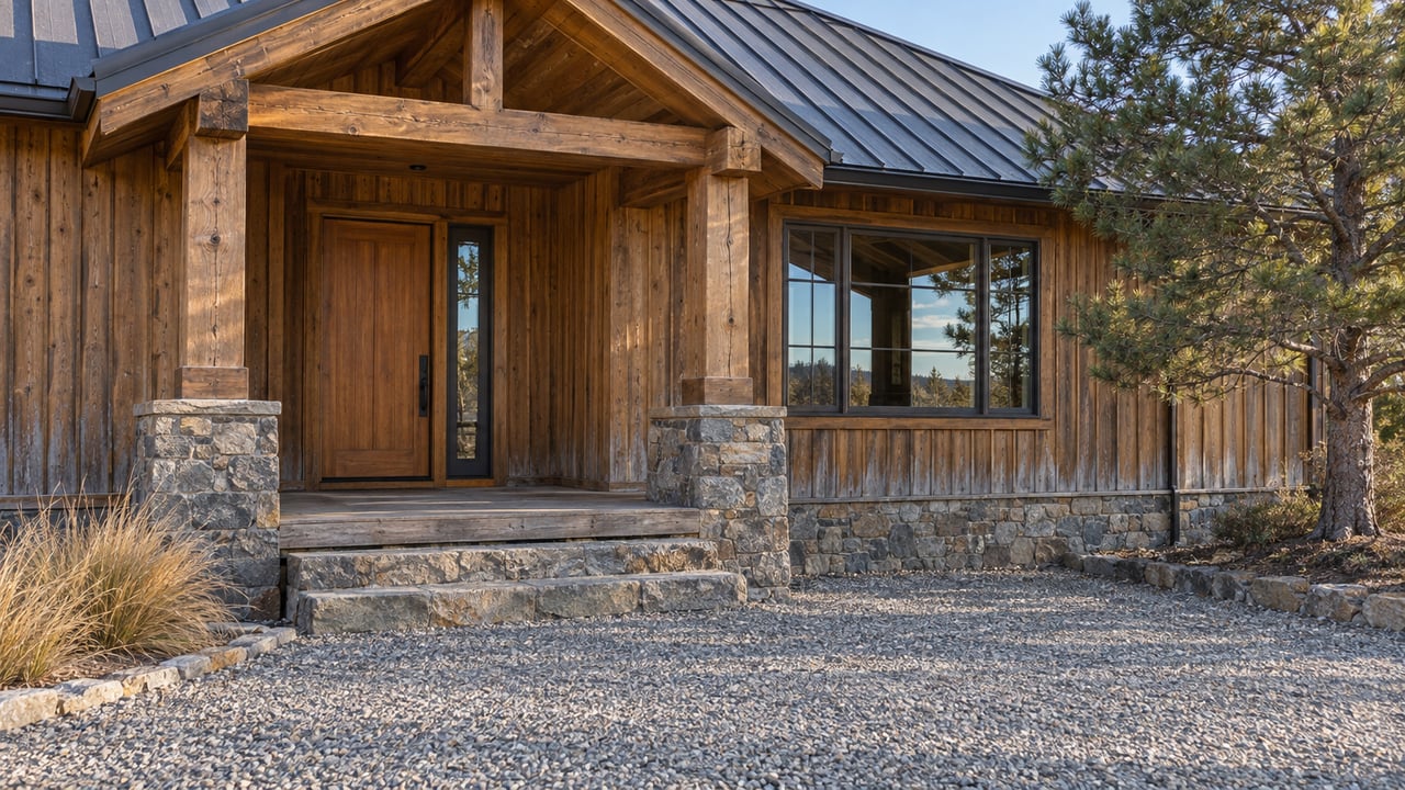Autumn light on a timber home's sheltered entrance, weathered fir siding, stone steps and gravel approach.