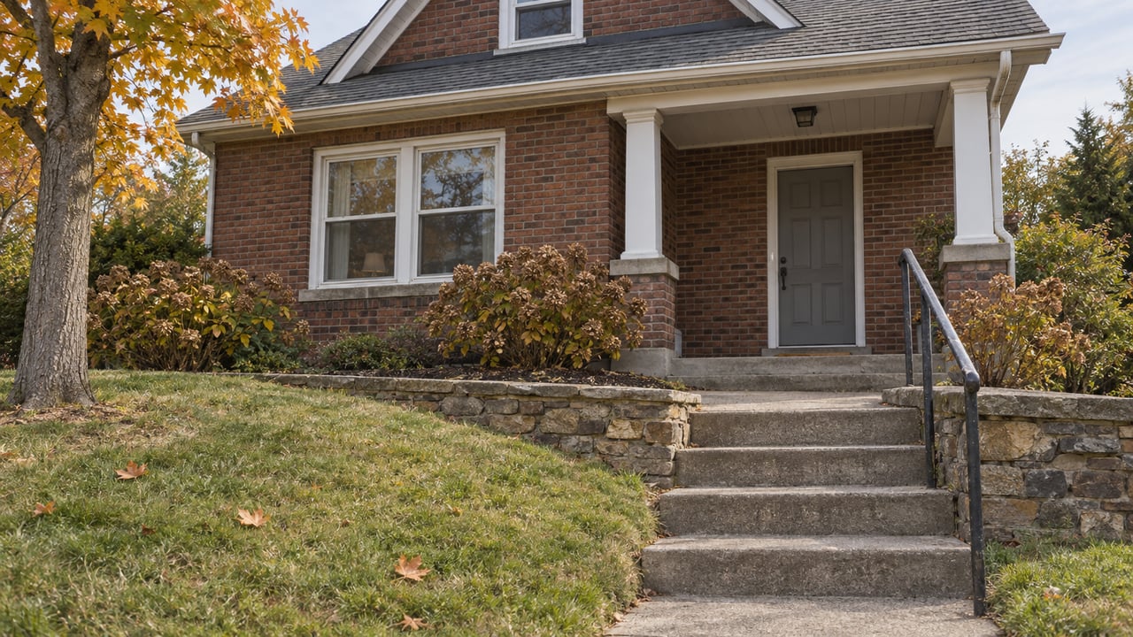 Modest brick cottage above a sloped autumn lawn, with concrete steps, sandstone retaining walls and a covered front porch.