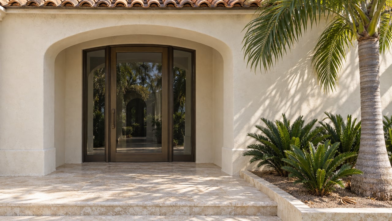Cream stucco home entrance with a tiled eave, closed bronze-framed glass door, limestone steps and a specimen palm.