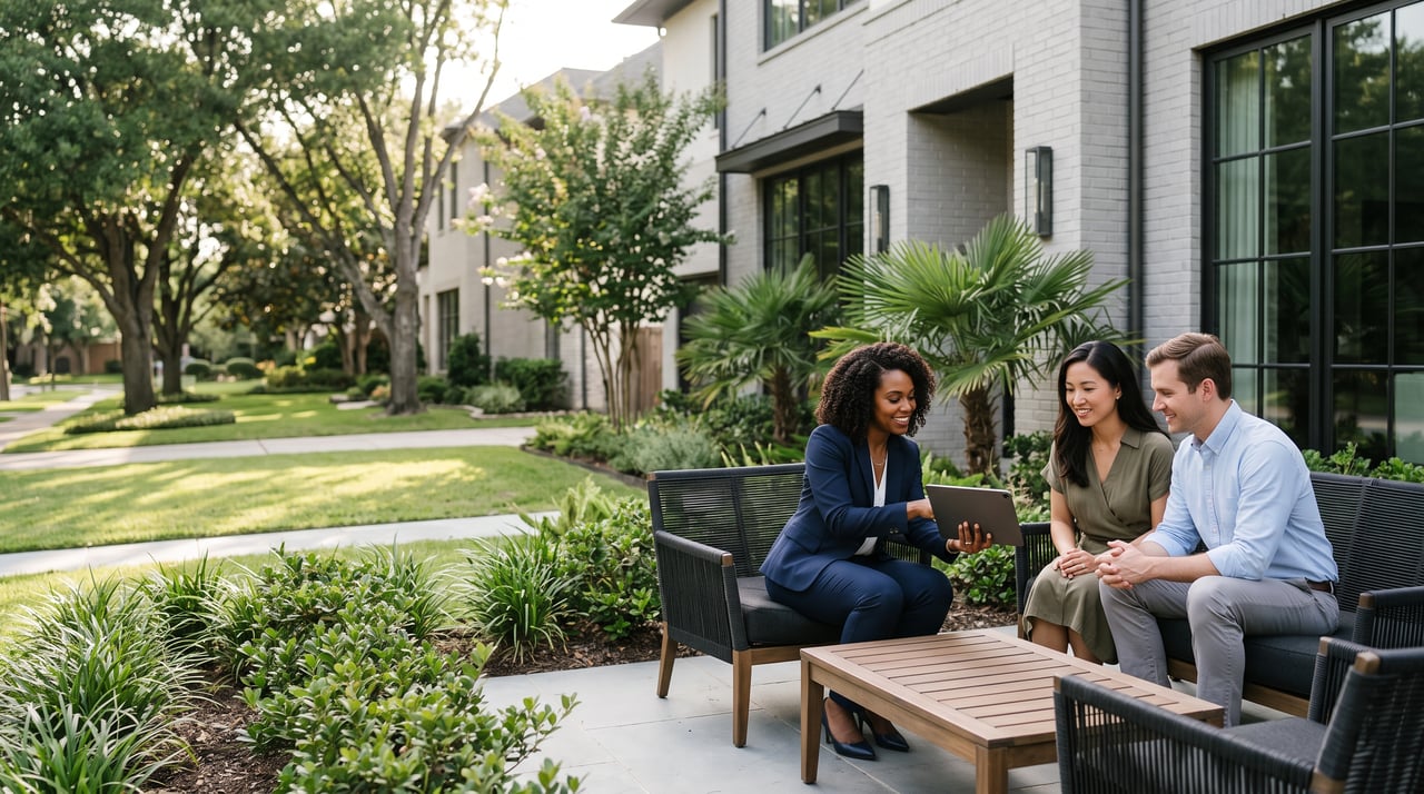 Modern white-brick home with black-framed windows and landscaped patio where an agent meets two clients.