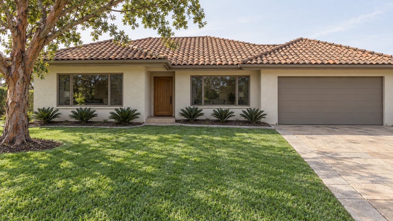 Single-story ivory stucco home with a terracotta tile roof, broad front lawn and a mature copper-barked tree.