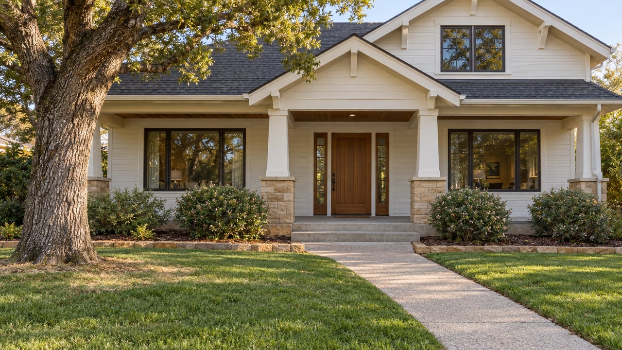 A deep green front lawn and concrete walk lead to a white-sided home with sandstone porch piers, dark-framed windows and a mature oak.