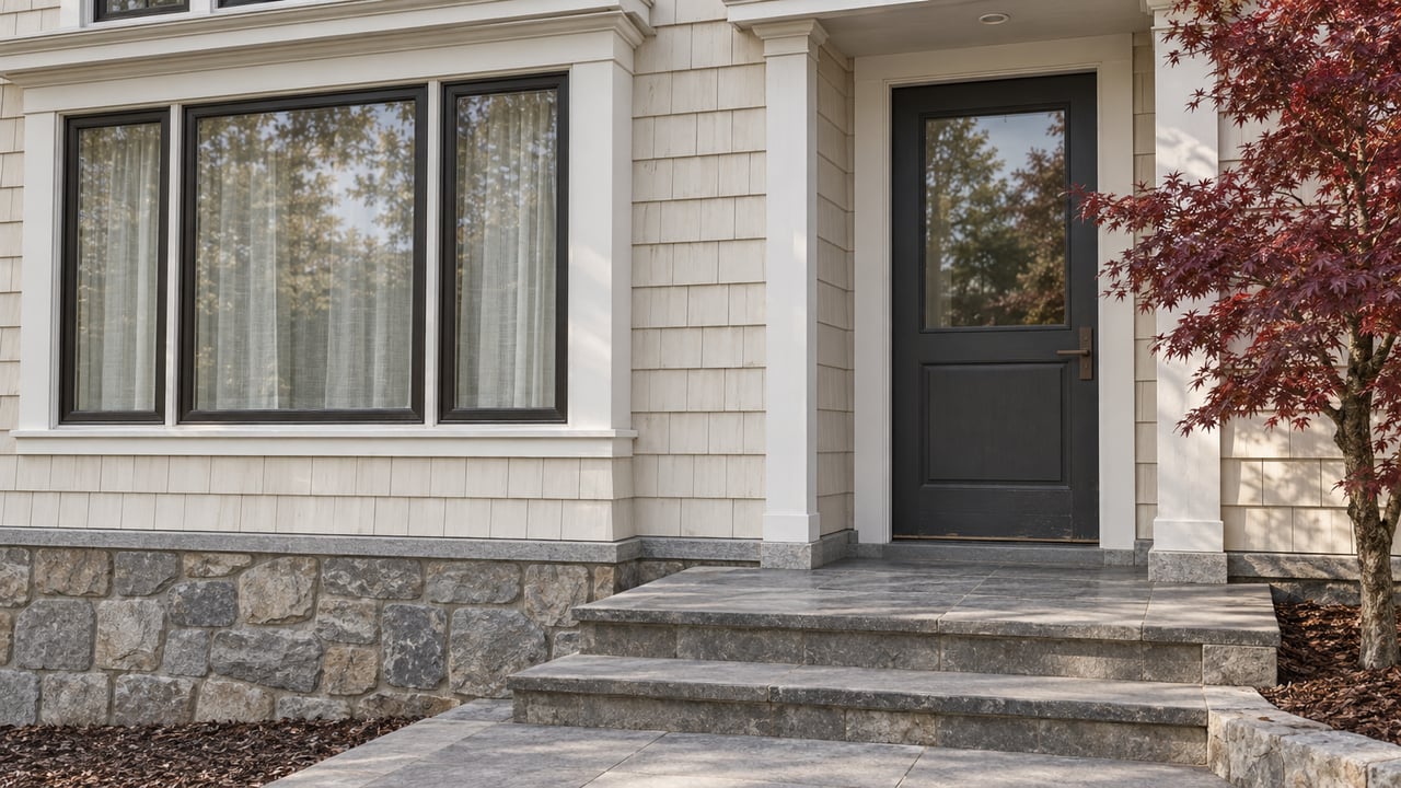 Close view of an ivory shingle home's bronze-framed window and charcoal entry door above gray stone steps, with red maple foliage at the edge.