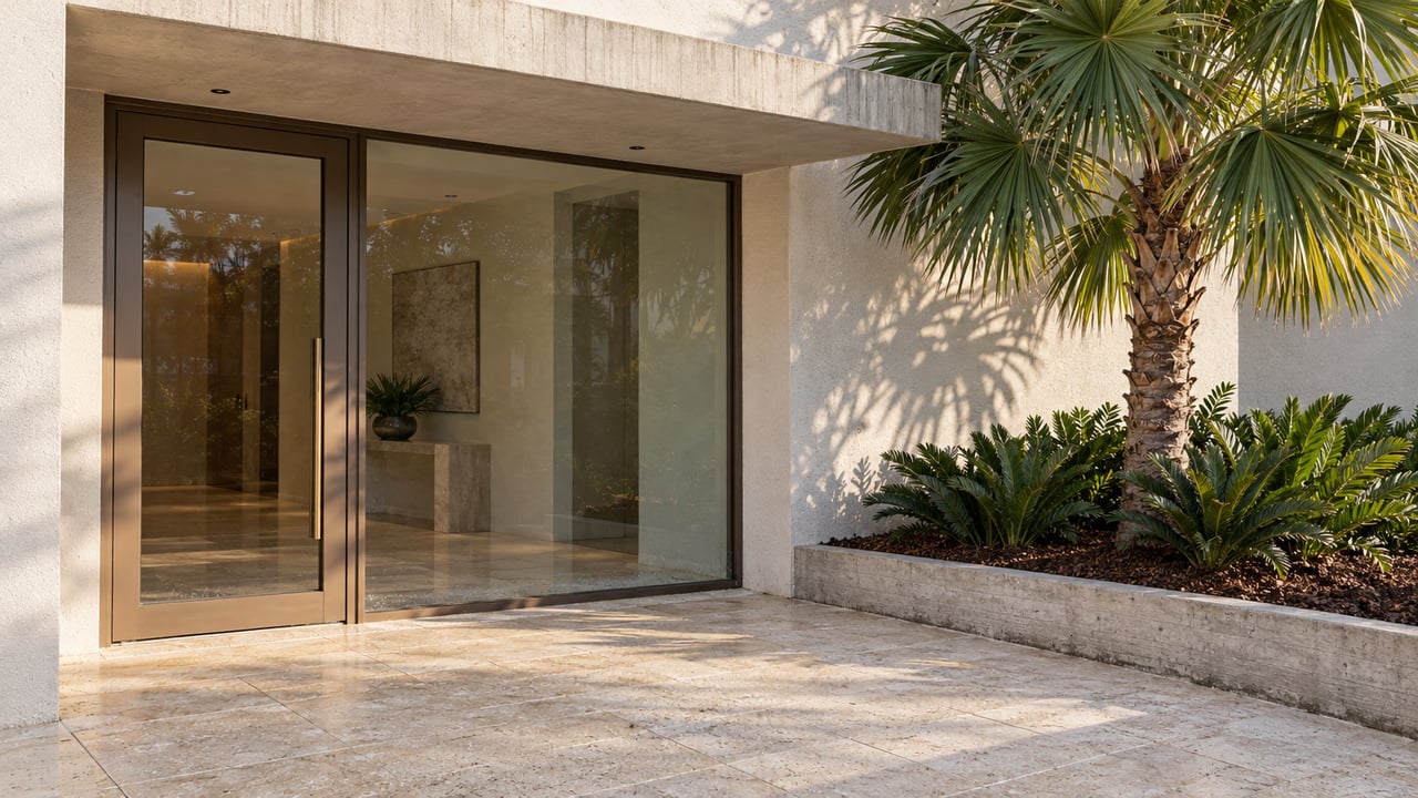 Pale stucco condominium entrance with bronze-framed glass, shell limestone paving and a specimen fan palm in a raised concrete planter.