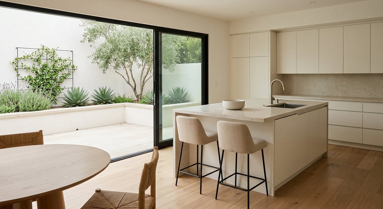 Honed limestone kitchen island and stools face a sliding door opening onto a compact patio with olive and agave plants.