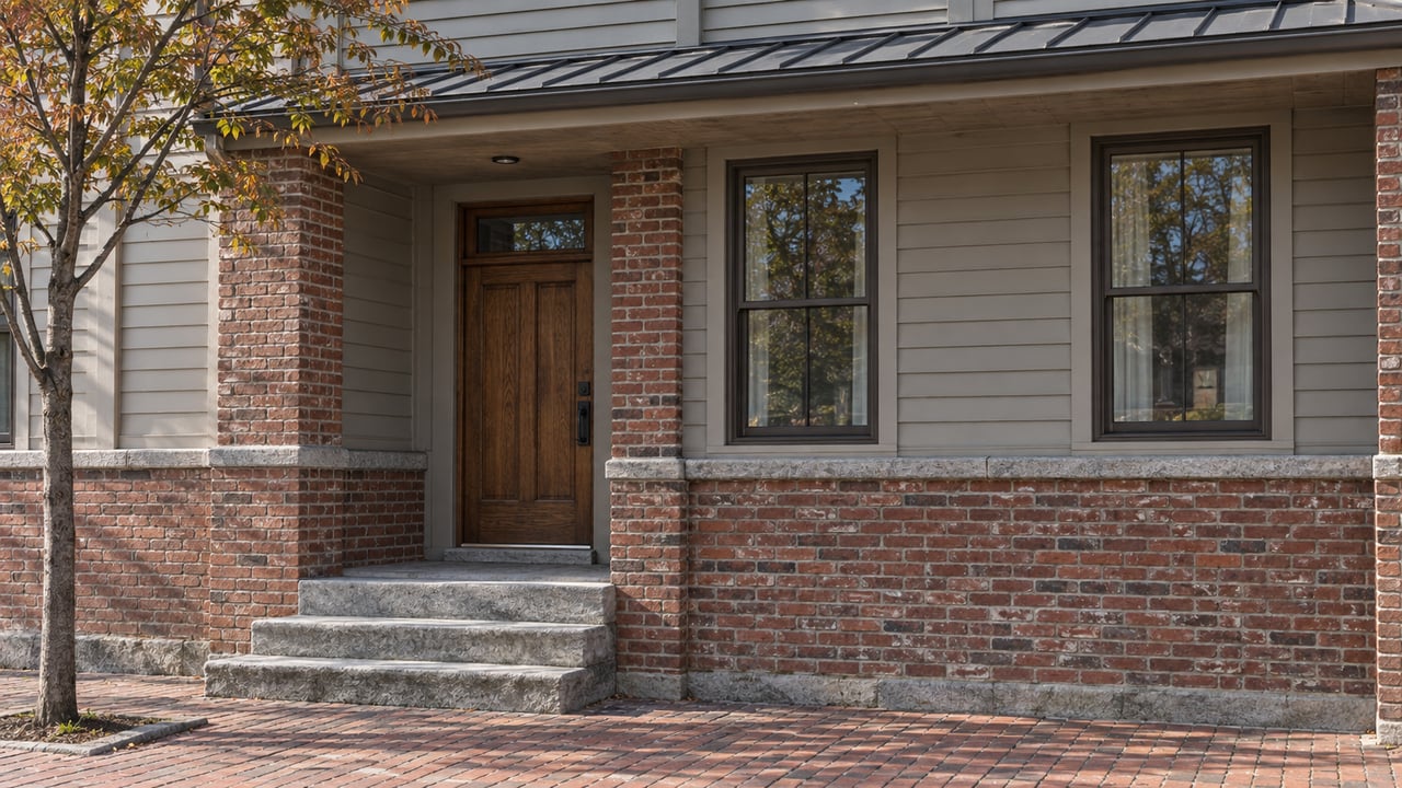 Attached brick residence with recessed oak door, two sash windows, stone stoop, and a small sidewalk tree.