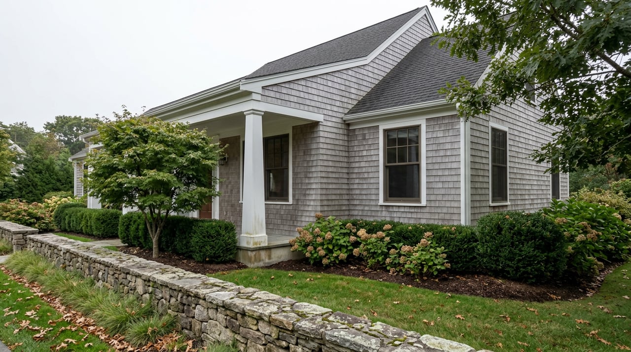 Weathered gray shingle house with a covered porch, divided-light windows, and a lichen-patched stone garden wall.
