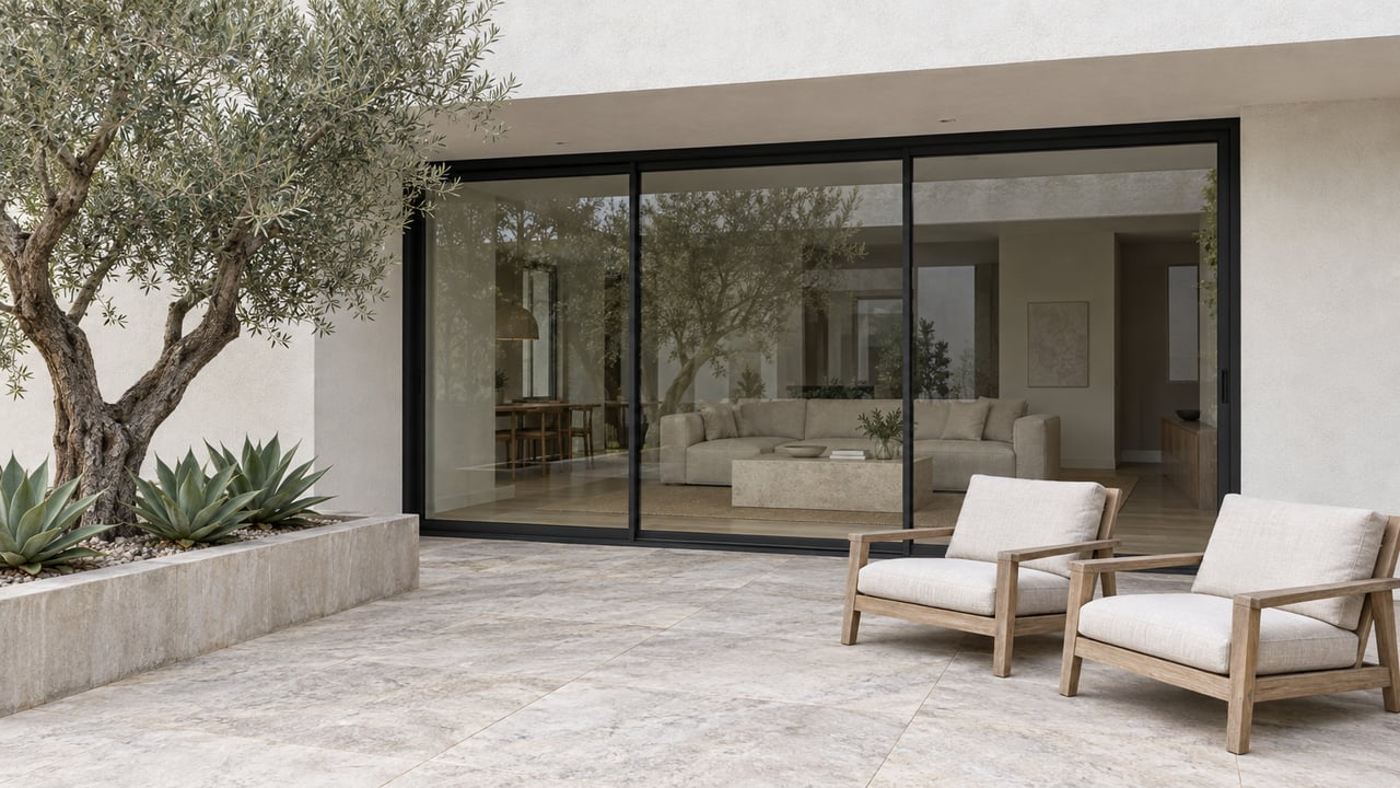 Contemporary stucco home with black-framed glass doors, limestone terrace, weathered teak chairs and a sculptural olive tree in a raised planter.