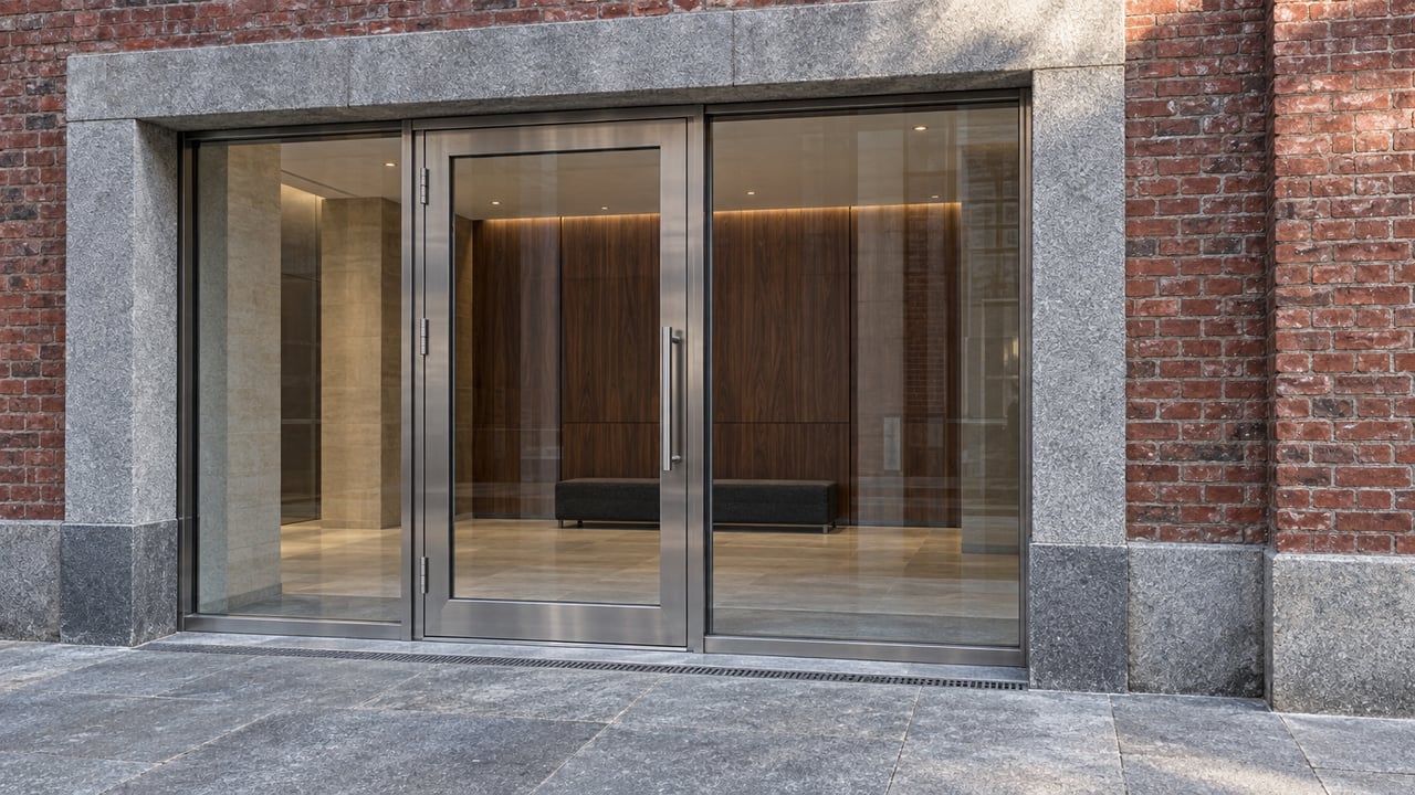 Glazed residential entrance with brushed steel frames, aged red brick, blue-gray granite and an enclosed limestone-floored lobby.