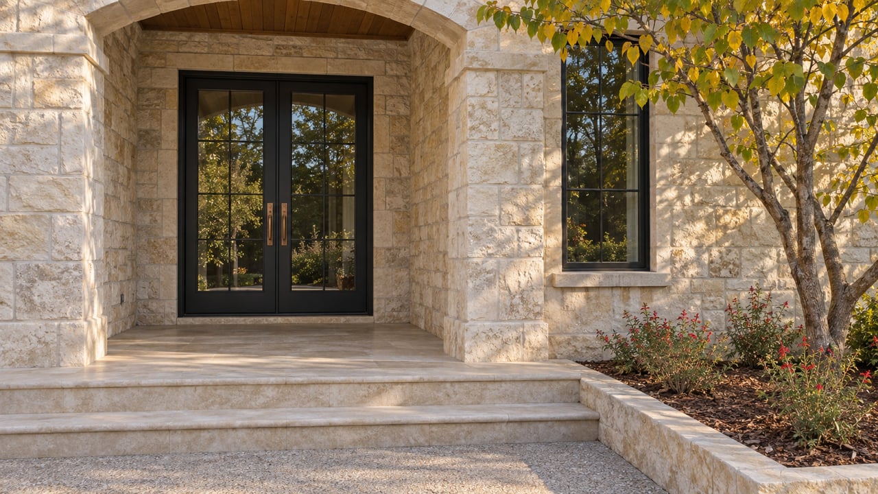 Limestone home entry with paired black-framed glass doors, broad stone steps and a redbud in a curbed planting bed.